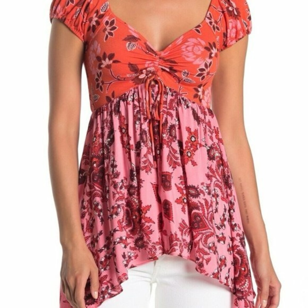 Free People Two-Tone Floral Tie-Front Top in Coral and Pink | S